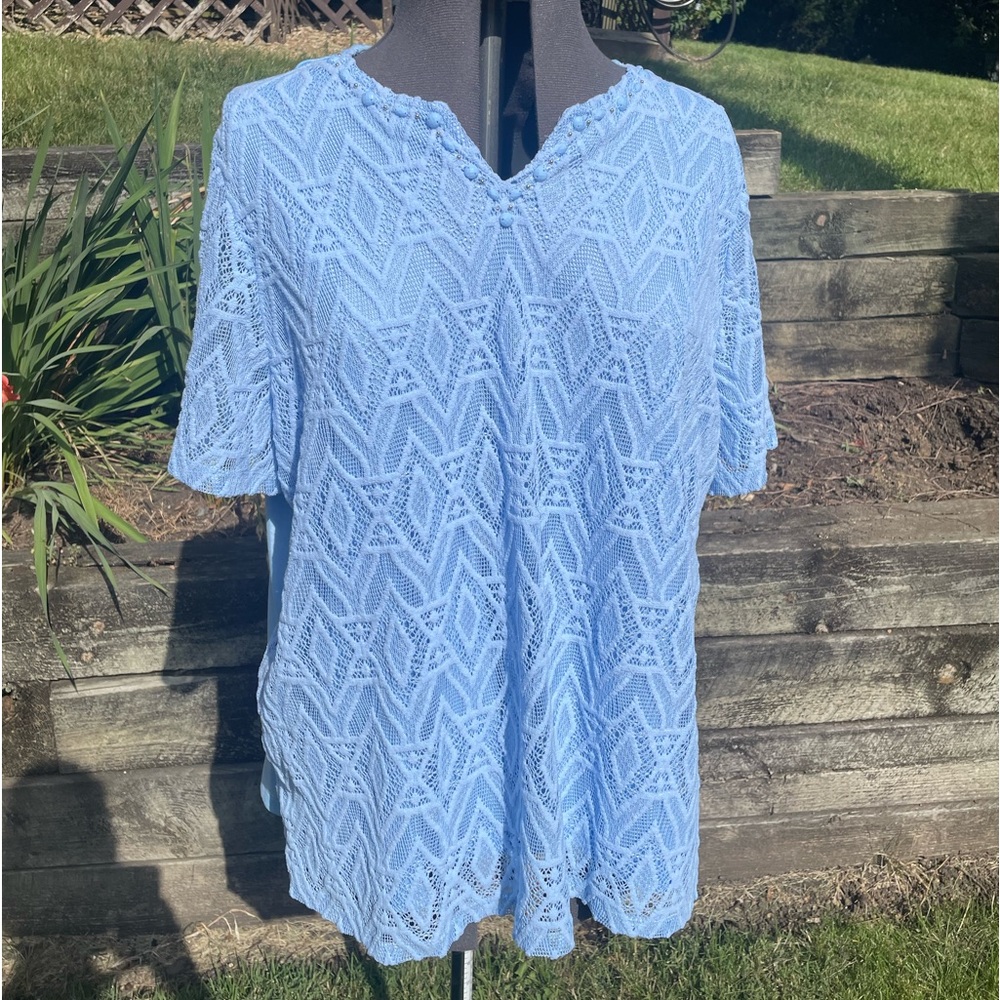 Alfred Dunner Size 2X Blue Knit Blouse w/ Jeweled Neckline